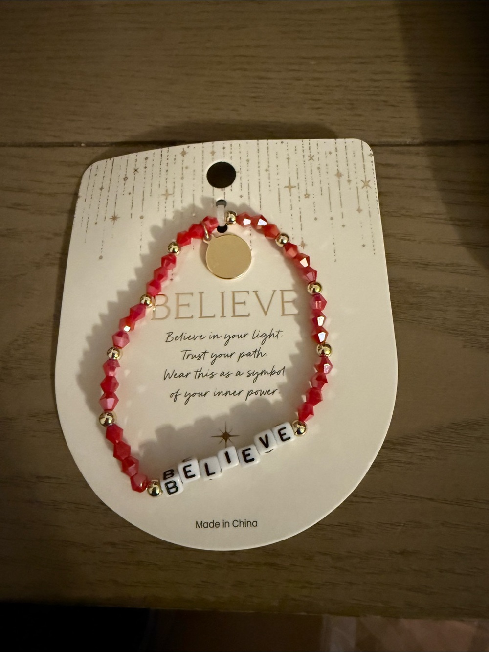 Believe Red Beaded Stretch Bracelet with Gold Accents